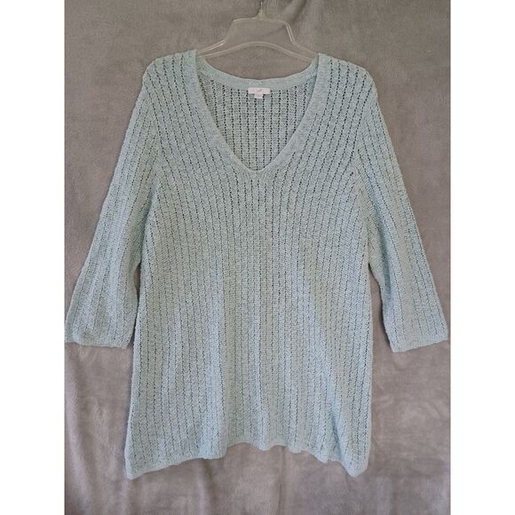 J Jill Sweater Open Knit Aqua 3/4 Sleeve Coastal Casual Beachy Textured Crochet - Picture 10 of 11